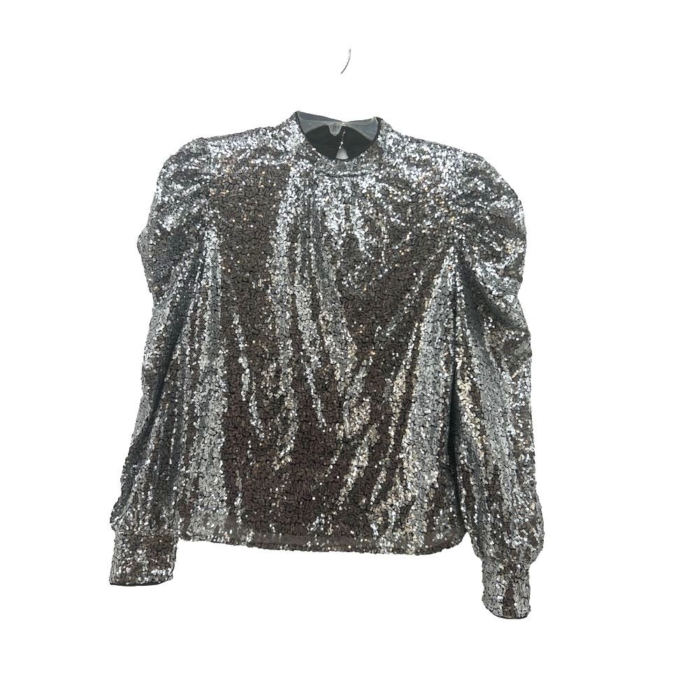 A. Calin by Flying Tomato Shimmering Bright Silver Sequin Blouse NWT